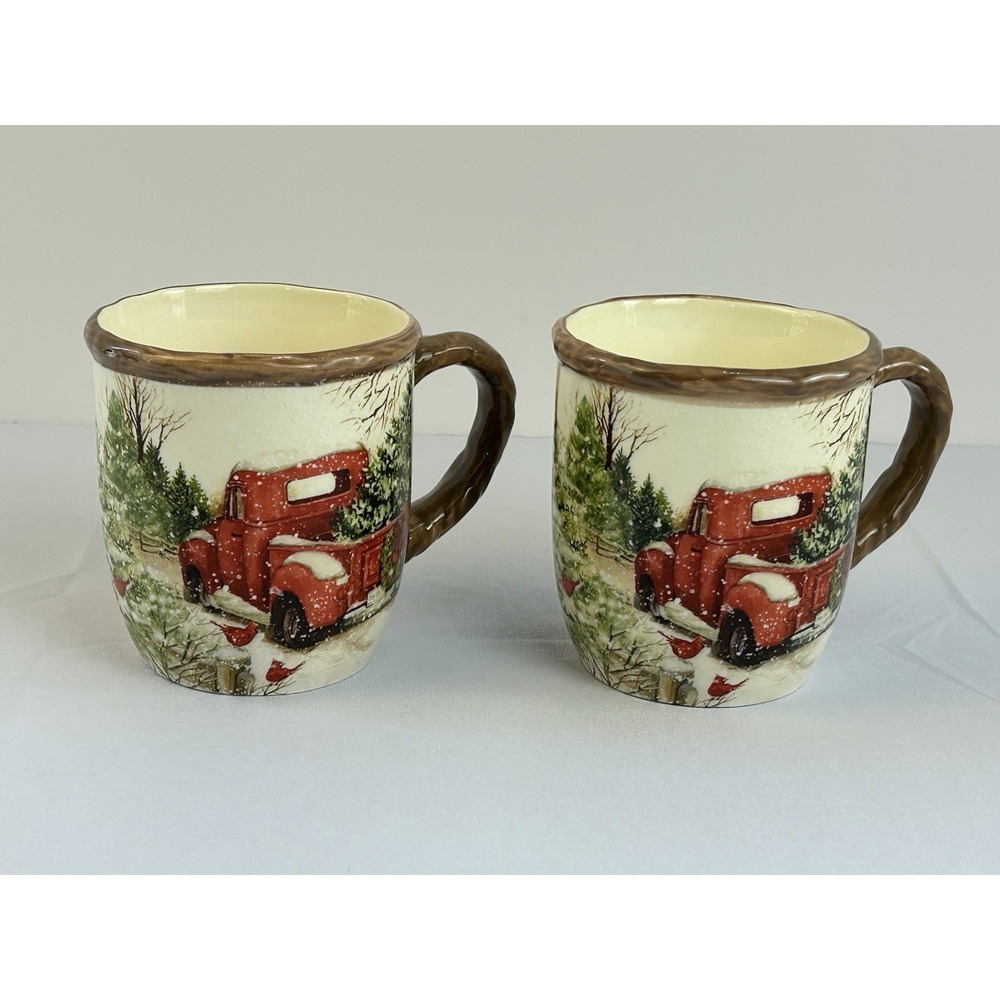 Cracker Barrel Christmas Truck Mugs Set 2 Cardinal Snow Farmhouse